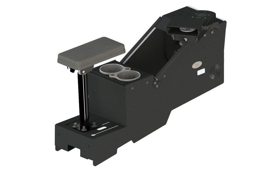 2020+ Ford Police Interceptor® Utility Short Console Box with Cup Holder, Armrest, and Mongoose® - 9” Locking Slide Arm with Short Clevis